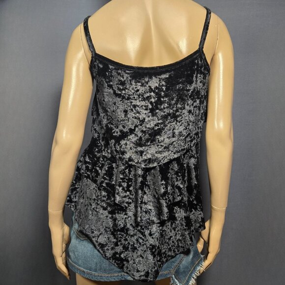 Y2K Black Crushed Velvet Babydoll Top Size M Sleeveless Tiered Gothic Witchy - Picture 7 of 11